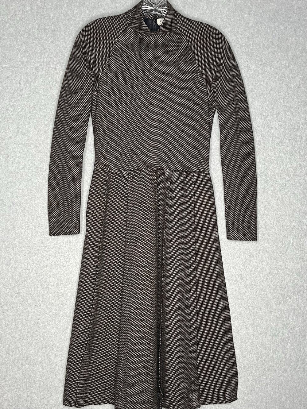 Pierre Cardin Wool Fit & Flare Midi Dress 8 Brown Black Vintage